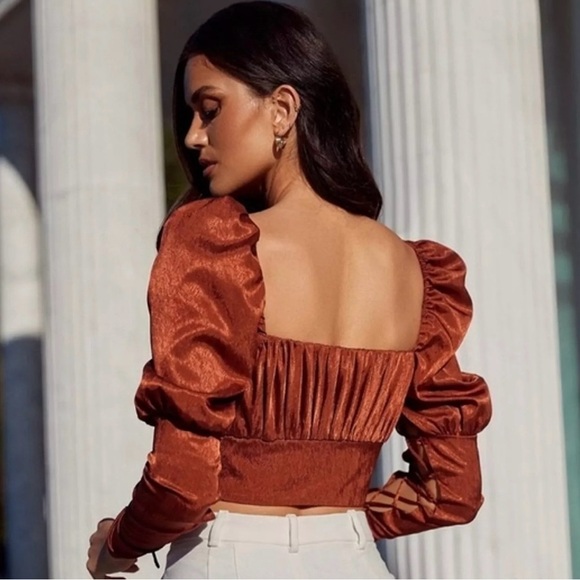 BNWT Alamour the Label Rafael Crop Lace Up Rust Shimmer Blouse size Medium - Picture 3 of 8